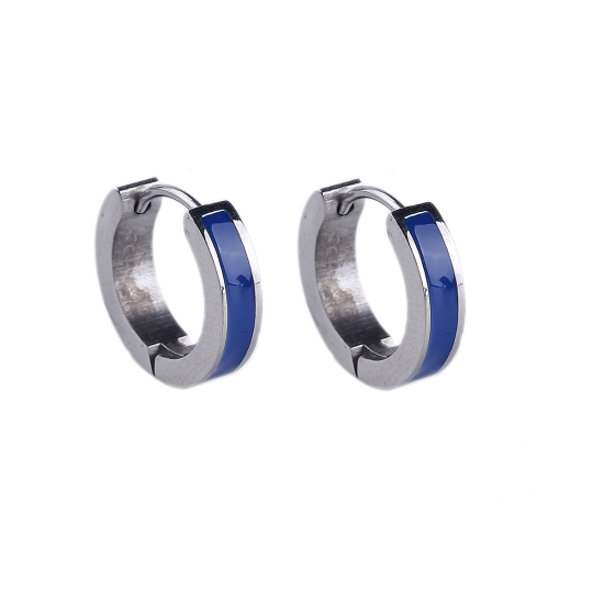 Immagine di 304 Acciaio Inossidabile orecchino cerchio Tono Argento Blu Anello Smalto 17mm x 15mm, Posta / Filo Dimensione: (18 misura), 1 Paio