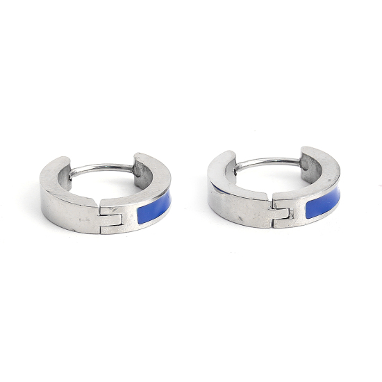 Immagine di 304 Acciaio Inossidabile orecchino cerchio Tono Argento Blu Anello Smalto 17mm x 15mm, Posta / Filo Dimensione: (18 misura), 1 Paio
