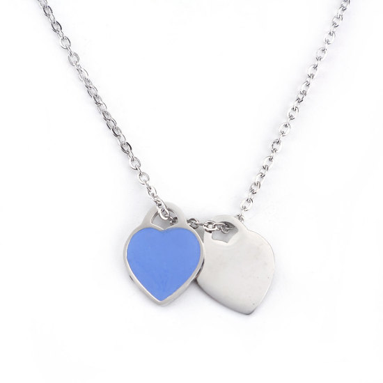 Image de Colliers en 304 Acier Inoxydable Argent Mat Bleu Cœur Email 45.5cm Long, 1 Pièce