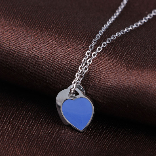 Image de Colliers en 304 Acier Inoxydable Argent Mat Bleu Cœur Email 45.5cm Long, 1 Pièce