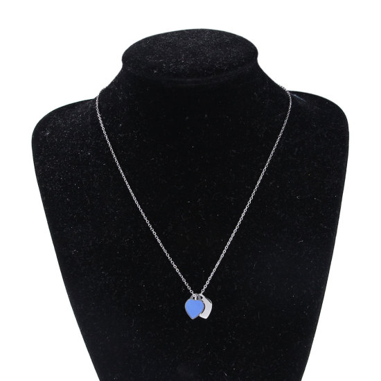 Image de Colliers en 304 Acier Inoxydable Argent Mat Bleu Cœur Email 45.5cm Long, 1 Pièce
