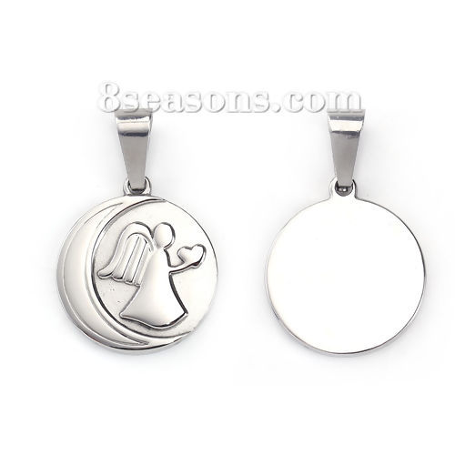 Picture of 1 Piece 304 Stainless Steel Blank Stamping Tags Pendants Round Angel Silver Tone Double-sided Polishing 39mm x 25mm