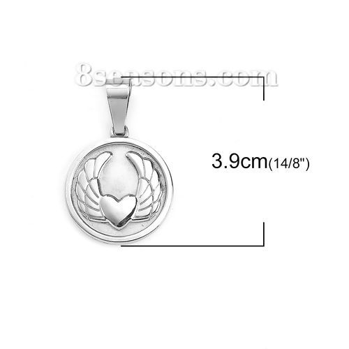 Picture of 1 Piece 316 Stainless Steel Blank Stamping Tags Pendants Round Wing Silver Tone Double-sided Polishing 39mm x 25mm