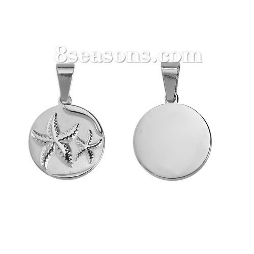 Picture of 316 Stainless Steel Blank Stamping Tags Pendants Round Star Fish Silver Tone One-sided Polishing 39mm x 25mm, 1 Piece