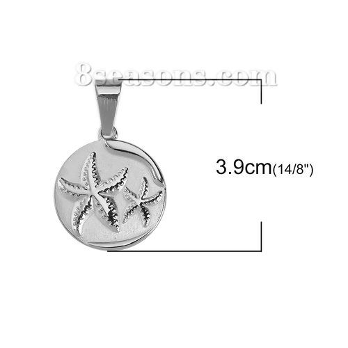 Picture of 316 Stainless Steel Blank Stamping Tags Pendants Round Star Fish Silver Tone One-sided Polishing 39mm x 25mm, 1 Piece