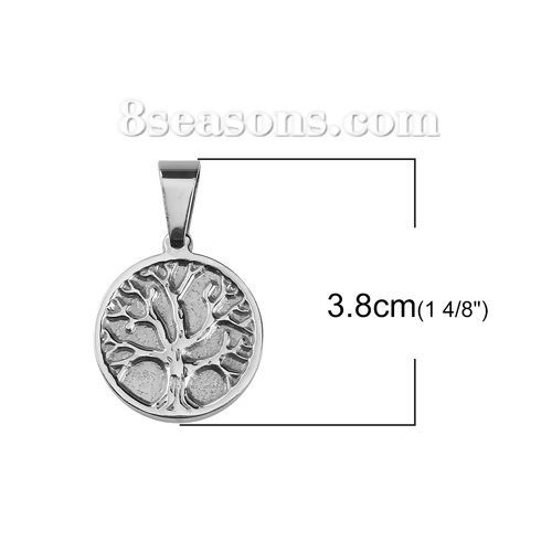 Picture of 1 Piece 316 Stainless Steel Blank Stamping Tags Pendants Round Tree Silver Tone Double-sided Polishing 38mm x 24mm