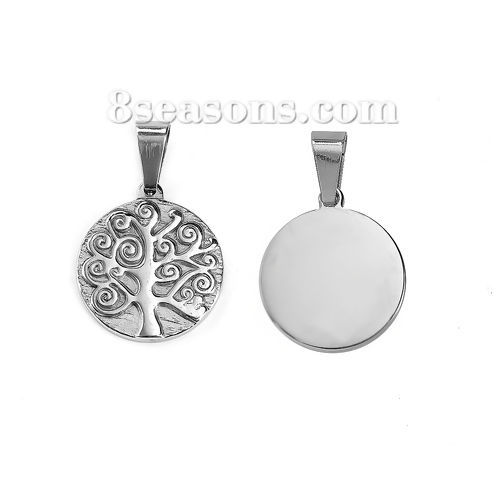 Picture of 1 Piece 316 Stainless Steel Blank Stamping Tags Pendants Round Tree Silver Tone Double-sided Polishing 39mm x 25mm