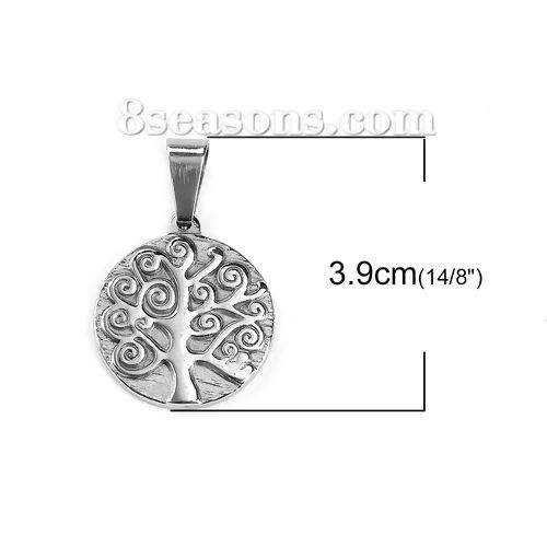 Picture of 1 Piece 316 Stainless Steel Blank Stamping Tags Pendants Round Tree Silver Tone Double-sided Polishing 39mm x 25mm