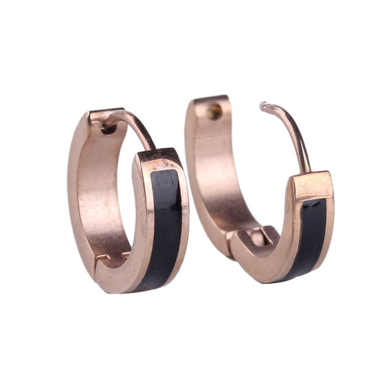 Immagine di 304 Acciaio Inossidabile orecchino cerchio Oro Rosa Nero Anello Smalto 17mm x 16mm, Posta / Filo Dimensione: (18 misura), 1 Paio