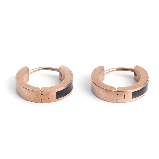 Immagine di 304 Acciaio Inossidabile orecchino cerchio Oro Rosa Nero Anello Smalto 17mm x 16mm, Posta / Filo Dimensione: (18 misura), 1 Paio