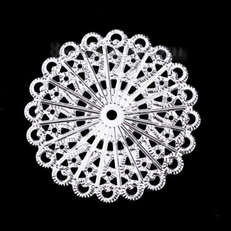 Iron Based Alloy Filigree Stamping Embellishments Round Silver Plated 43mm(1 6/8") x 43mm(1 6/8"), 50 PCs