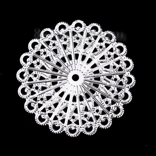 Picture of Iron Based Alloy Filigree Stamping Embellishments Round Silver Plated 43mm(1 6/8") x 43mm(1 6/8"), 50 PCs