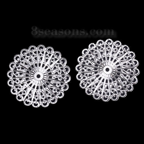 Picture of Iron Based Alloy Filigree Stamping Embellishments Round Silver Plated 43mm(1 6/8") x 43mm(1 6/8"), 50 PCs