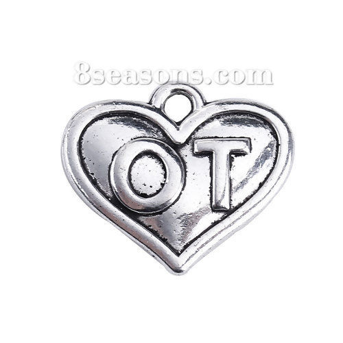 Picture of Zinc Based Alloy Charms Heart Antique Silver Color Message " OT " 18mm( 6/8") x 16mm( 5/8"), 20 PCs
