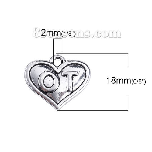 Picture of Zinc Based Alloy Charms Heart Antique Silver Color Message " OT " 18mm( 6/8") x 16mm( 5/8"), 20 PCs