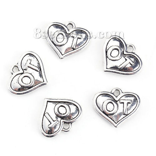 Picture of Zinc Based Alloy Charms Heart Antique Silver Color Message " OT " 18mm( 6/8") x 16mm( 5/8"), 20 PCs