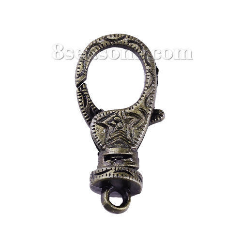 Picture of Zinc Based Alloy Lobster Clasp Findings Antique Bronze Pentagram Star Pattern 30mm x 15mm, 5 PCs
