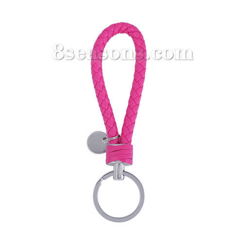 Picture of PU Leather Keychain & Keyring Silver Tone Fuchsia 13cm, 2 PCs