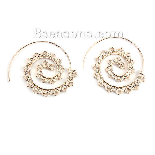 Picture of Swirl Spiral Earrings Gold Plated Spiral Heart 42mm(1 5/8") x 35mm(1 3/8"), Post/ Wire Size: (17 gauge), 1 Pair