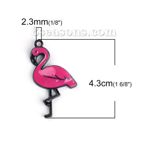 Picture of Zinc Based Alloy Pendants Flamingo Black Fuchsia Enamel 43mm(1 6/8") x 23mm( 7/8"), 10 PCs
