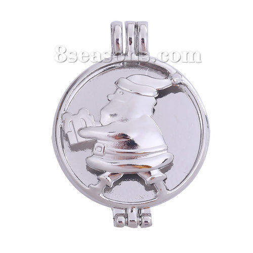 Picture of Zinc Based Alloy Aromatherapy Essential Oil Diffuser Locket Pendants Round Silver Tone Christmas Santa Claus Cabochon Settings (Fits 30mm Dia.) Can Open 44mm(1 6/8") x 32mm(1 2/8"), 1 Piece