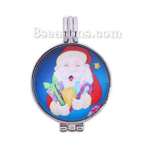 Picture of Zinc Based Alloy & Glass Aromatherapy Essential Oil Diffuser Locket Pendants Round Silver Tone Red Christmas Santa Claus Cabochon Settings (Fits 23mm Dia.) Can Open 38mm(1 4/8") x 27mm(1 1/8"), 1 Piece