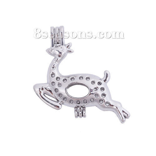 Picture of Zinc Based Alloy 3D Wish Pearl Locket Jewelry Pendants Christmas Reindeer Silver Tone Can Open (Fit Bead Size: 8mm) 34mm(1 3/8") x 31mm(1 2/8"), 2 PCs