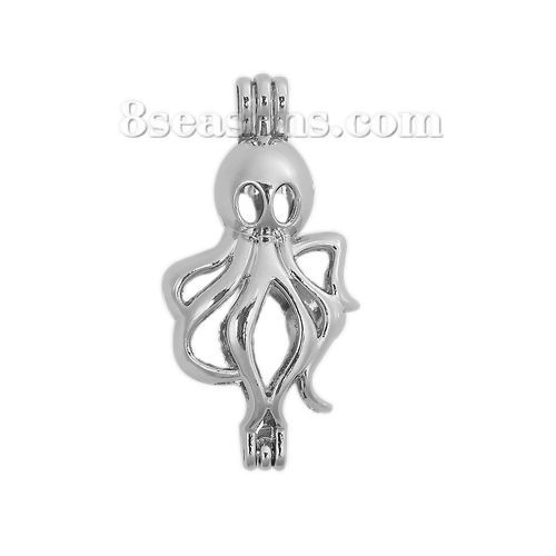 Picture of Zinc Based Alloy 3D Wish Pearl Locket Jewelry Pendants Octopus Silver Tone Can Open (Fit Bead Size: 6mm) 37mm(1 4/8") x 18mm( 6/8"), 2 PCs