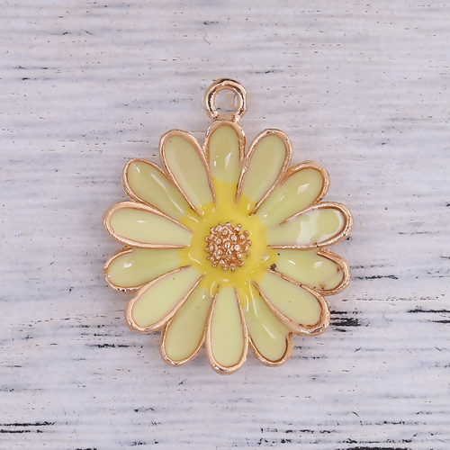 Picture of Zinc Based Alloy Charms Daisy Flower Gold Plated Yellow Enamel 27mm(1 1/8") x 23mm( 7/8"), 5 PCs