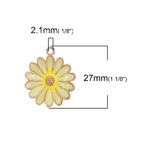 Picture of Zinc Based Alloy Charms Daisy Flower Gold Plated Yellow Enamel 27mm(1 1/8") x 23mm( 7/8"), 5 PCs