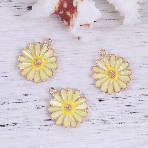 Picture of Zinc Based Alloy Charms Daisy Flower Gold Plated Yellow Enamel 27mm(1 1/8") x 23mm( 7/8"), 5 PCs