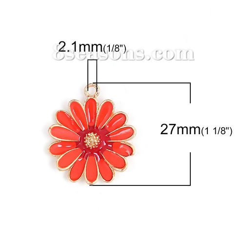Picture of Zinc Based Alloy Charms Daisy Flower Gold Plated Orange-red Enamel 27mm(1 1/8") x 23mm( 7/8"), 5 PCs