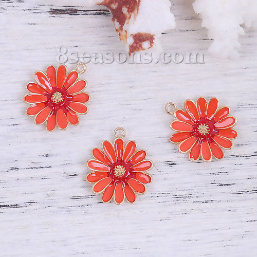 Picture of Zinc Based Alloy Charms Daisy Flower Gold Plated Orange-red Enamel 27mm(1 1/8") x 23mm( 7/8"), 5 PCs
