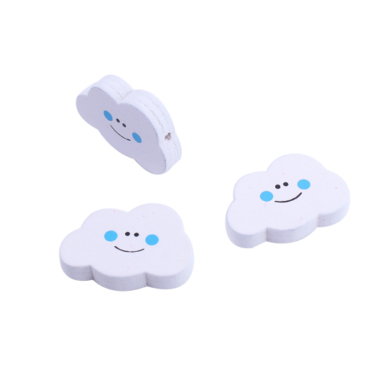 Immagine di Legno Separatori Perline Nuvole Bianco & Blu Sorriso Disegno 30mm x 20mm, Foro: Circa 1.8mm, 50 Pz