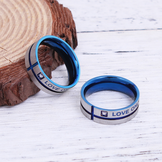 Picture of 304 Stainless Steel Unadjustable Rings Blue Message " LOVE ONLY YOU " Clear Rhinestone 19.1mm( 6/8")(US Size 9), 1 Piece