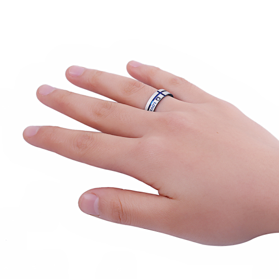 Picture of 304 Stainless Steel Unadjustable Rings Blue Message " LOVE ONLY YOU " Clear Rhinestone 19.1mm( 6/8")(US Size 9), 1 Piece