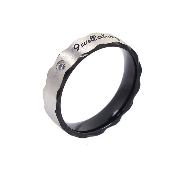 Imagen de 304 Acero Inoxidable No Ajustable Anillos Negro " Mensaje " Transparente Rhinestone 19.9mm( 6/8")(US Size 10), 1 Unidad