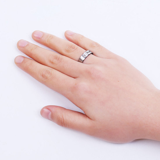 Imagen de 304 Acero Inoxidable No Ajustable Anillos Negro " Mensaje " Transparente Rhinestone 19.9mm( 6/8")(US Size 10), 1 Unidad