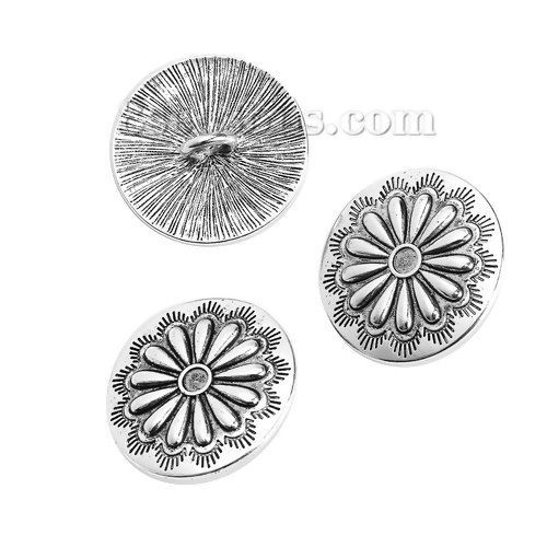 Bild von Zinklegierung Knöpfe für Aufnähen Rund Antiksilber Blumen Geschnitzt 30mm D., 5 Stück