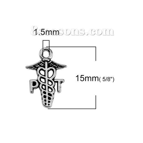 Picture of Zinc Based Alloy Medical Charms Wing Antique Silver Color Message " PT " 15mm( 5/8") x 10mm( 3/8"), 30 PCs