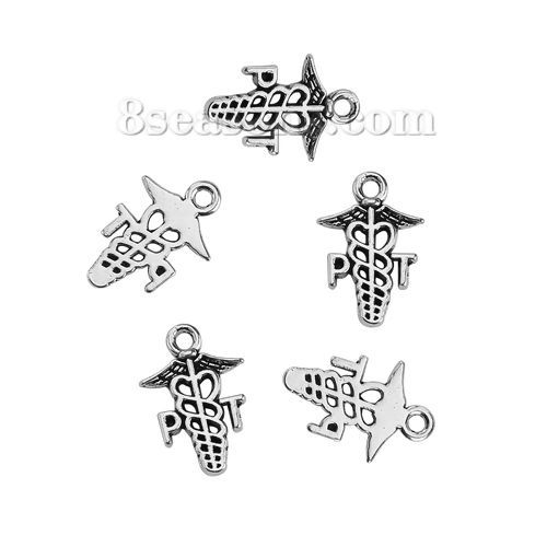 Picture of Zinc Based Alloy Medical Charms Wing Antique Silver Color Message " PT " 15mm( 5/8") x 10mm( 3/8"), 30 PCs