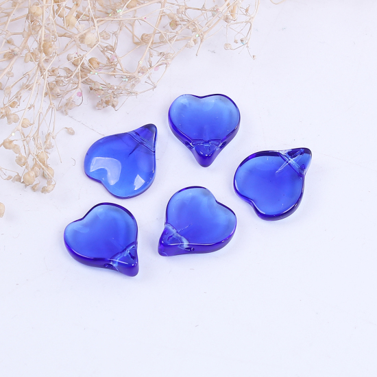 Picture of Lampwork Glass Czech Beads Heart Royal Blue Petaline About 15mm x 13mm, Hole: Approx 0.9mm, 20 PCs
