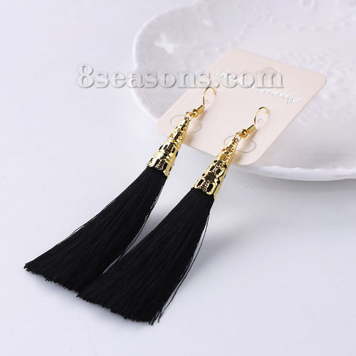 Picture of Tassel Earrings Gold Plated Black 9.8cm(3 7/8"), Post/ Wire Size: (21 gauge), 1 Pair