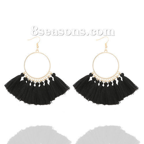 Picture of Cotton Tassel Earrings Gold Plated Black Circle Ring 90mm(3 4/8") x 41mm(1 5/8"), Post/ Wire Size: (21 gauge), 1 Pair