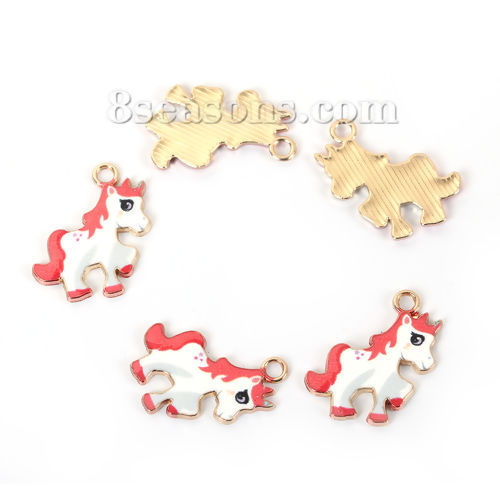 Imagen de Zamak Colgantes Charms Caballo Chapado en Oro Blanco & Rojo Esmalte 23mm x 19mm, 10 Unidades
