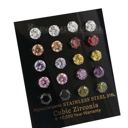 Picture of 316 Stainless Steel & Cubic Zirconia Ear Post Stud Earrings Silver Tone At Random Mixed Round 7mm( 2/8") x 6mm( 2/8"), Post/ Wire Size: (20 gauge), 1 Packet (Approx 10 Pairs/Packet)”
