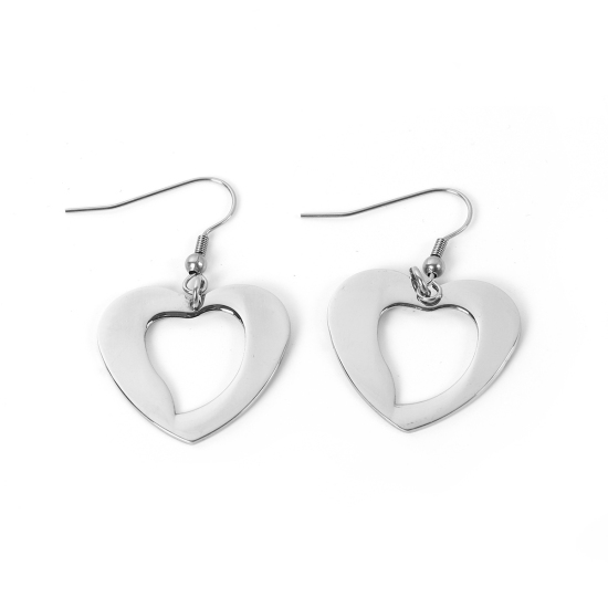 Picture of Stainless Steel Earrings Silver Tone Heart 45mm(1 6/8") x 28mm(1 1/8"), Post/ Wire Size: (21 gauge), 1 Pair