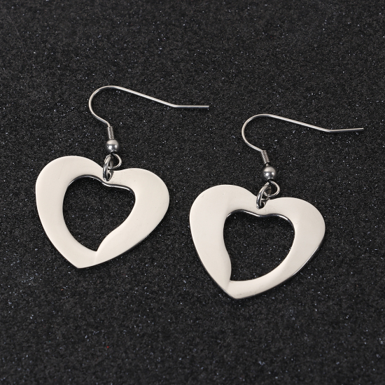 Picture of Stainless Steel Earrings Silver Tone Heart 45mm(1 6/8") x 28mm(1 1/8"), Post/ Wire Size: (21 gauge), 1 Pair