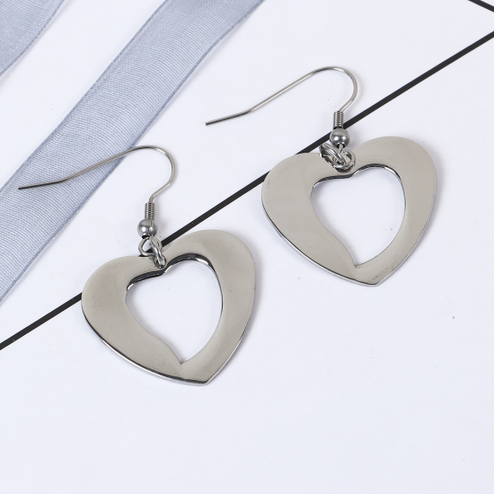 Picture of Stainless Steel Earrings Silver Tone Heart 45mm(1 6/8") x 28mm(1 1/8"), Post/ Wire Size: (21 gauge), 1 Pair