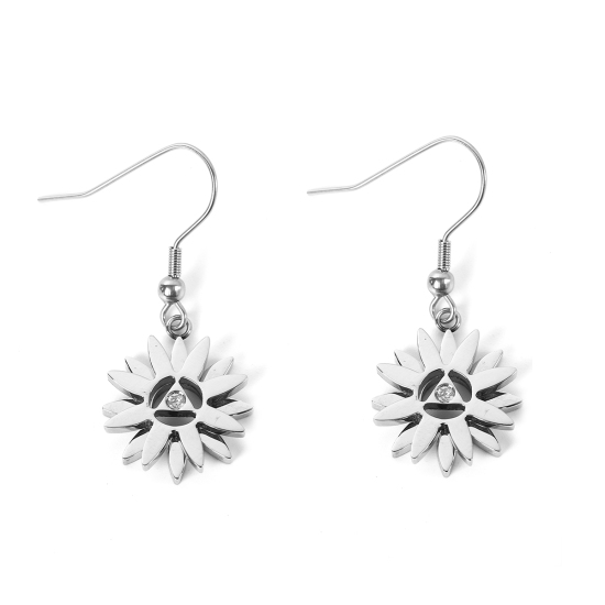 Imagen de 316 Acero Inoxidable Pendientes Tono de Plata Flor Transparente Rhinestone 40mm x 17mm, Post/ Wire Size: (21 gauge), 1 Par”